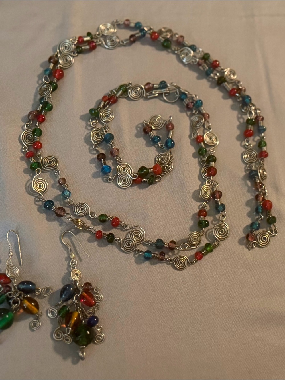 Handcrafted Multicolor Bead and Silver Swirl Jewelry Set
